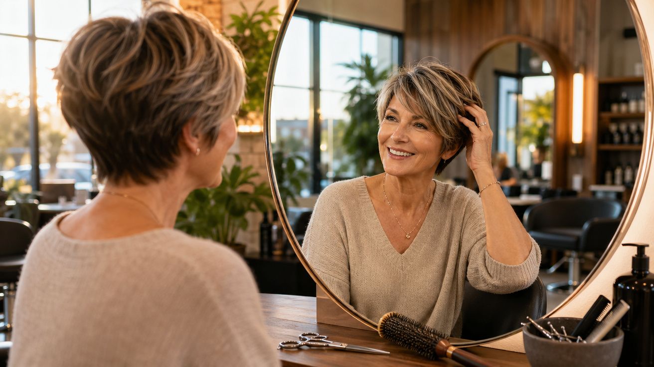 Mulher sorridente ajeitando cabelo curto enquanto se olha no espelho em salão de beleza.