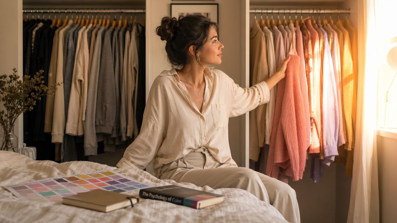 Mulher sentada no quarto olhando roupas penduradas no armário, com livros e paleta de cores na cama.