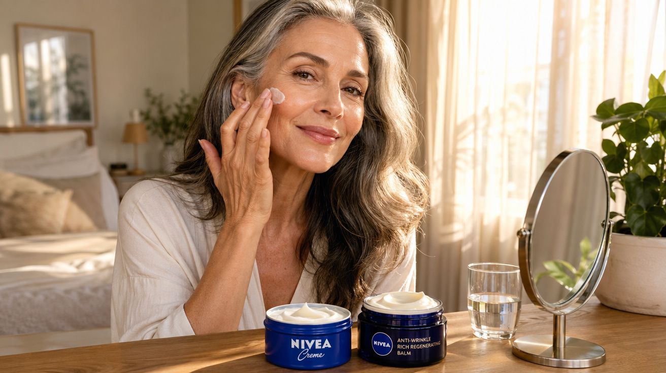 Mulher madura aplicando creme facial em frente a espelho com potes de creme Nivea sobre a mesa.