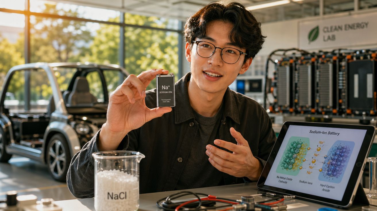 Jovem cientista mostrando bateria de íon de sódio em laboratório de energia limpa com modelo de carro ao fundo.