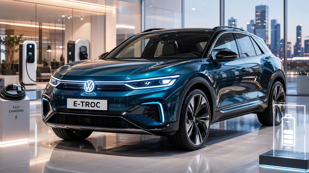Carro elétrico Volkswagen E-TRoc azul exibido em showroom moderno com estação de recarga rápida.