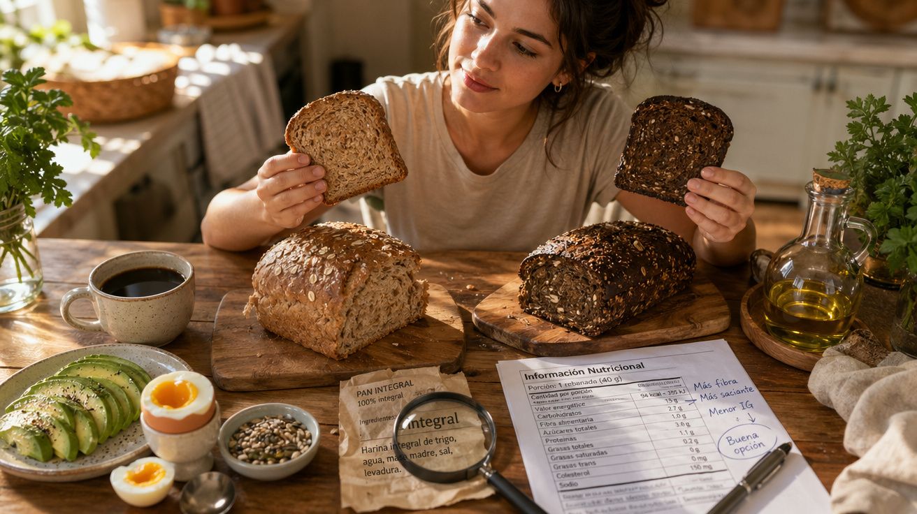 Mulher comparando fatias de pães integrais ao lado de café, ovo, abacate, sementes e tabela nutricional.