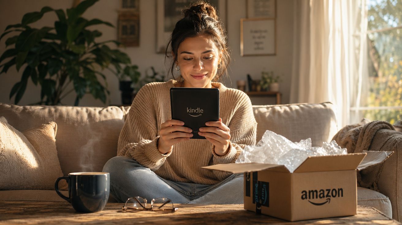 Mulher sentada no sofá lendo Kindle recém recebido em caixa da Amazon, com xícara e óculos na mesa à frente.
