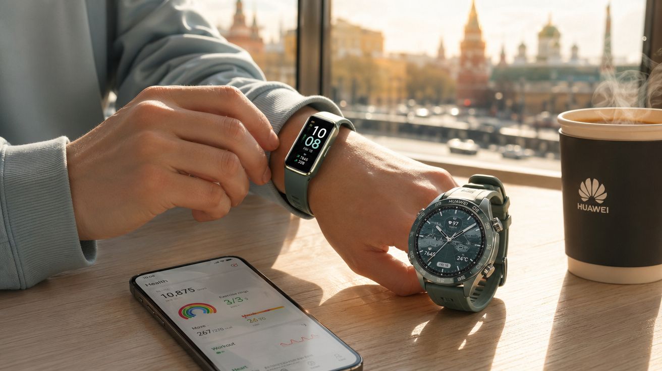 Pessoa usando pulseira fitness preta, relógio esportivo e smartphone com app de saúde em mesa com copo de café.