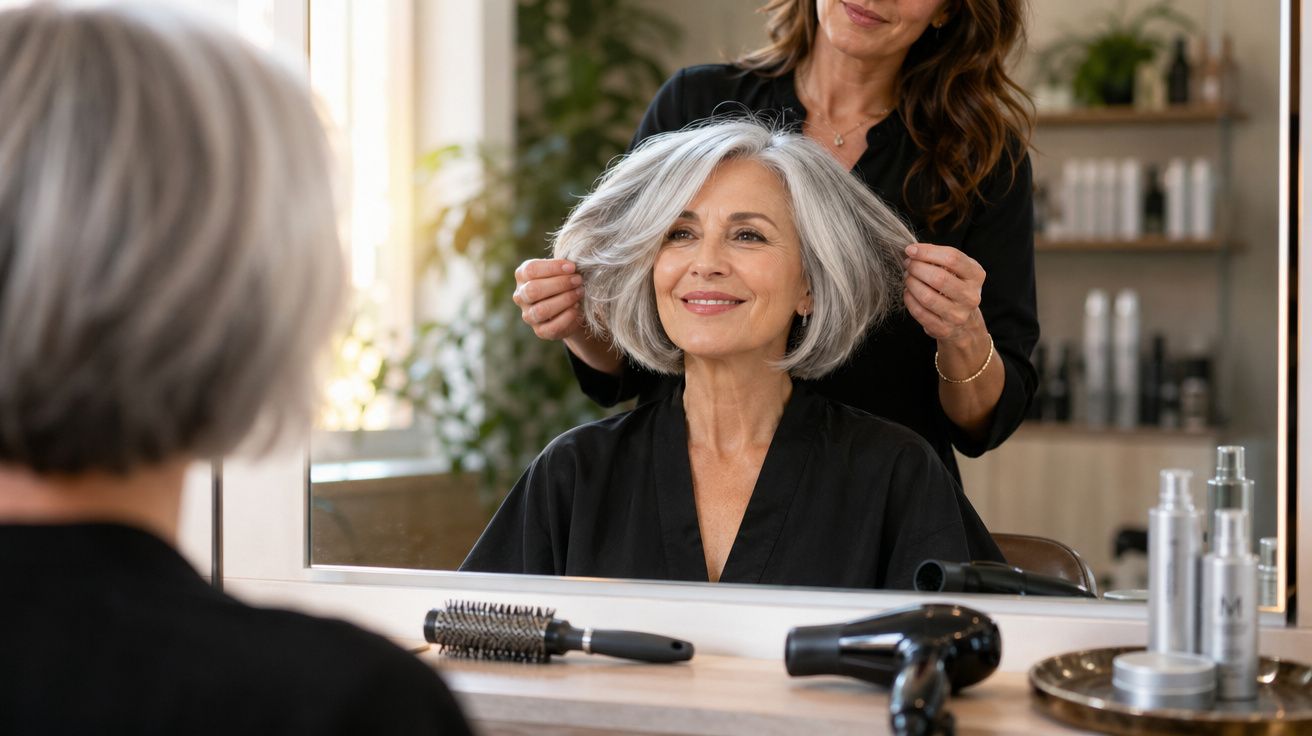 Mulher sorrindo ao olhar no espelho enquanto cabeleireira arruma seu cabelo grisalho em salão.
