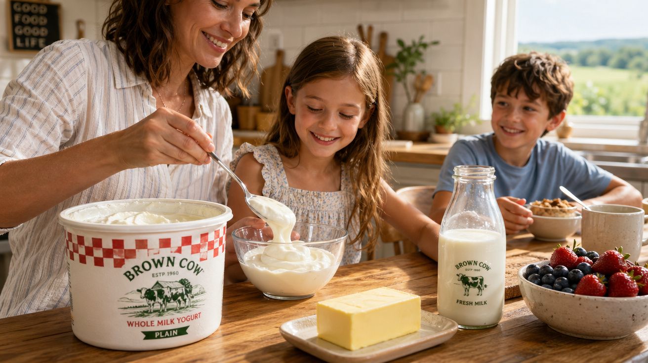 Mãe servindo iogurte para filha sorridente na mesa, com filho e alimentos como manteiga e frutas.