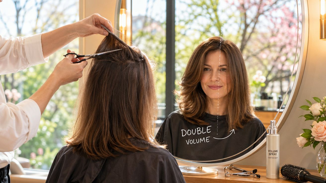 Mulher em salão de beleza recebendo corte de cabelo com espelho mostrando efeito de volume dobrado.