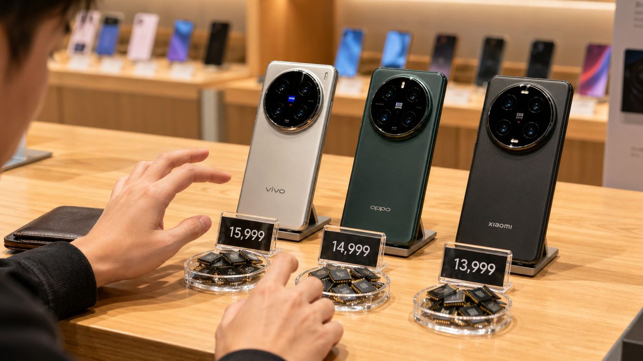 Pessoa observando smartphones Vivo, Oppo e Xiaomi com preços e chips expostos em loja.