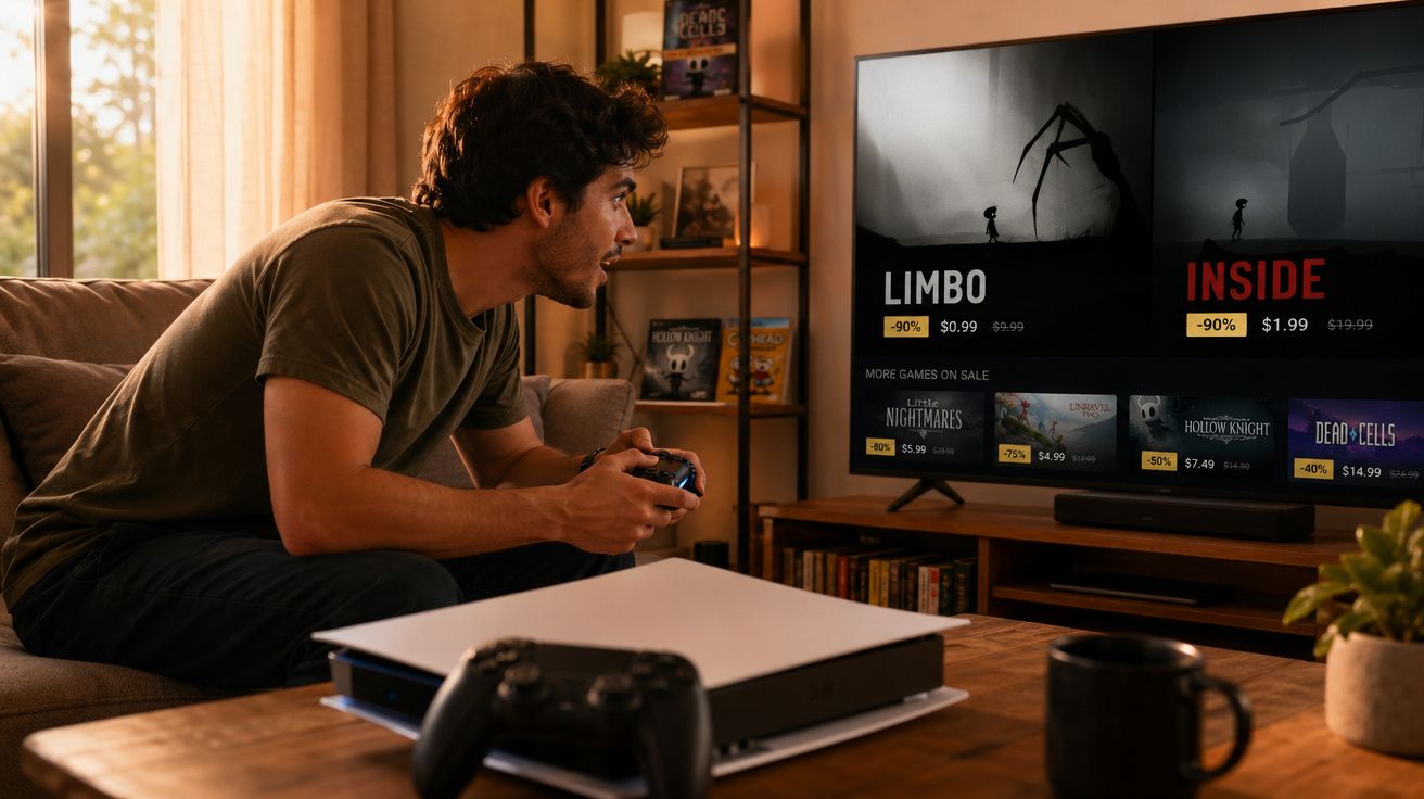 Jovem sentado no sofá jogando videogame em sala com TV mostrando promoções de jogos digitais.