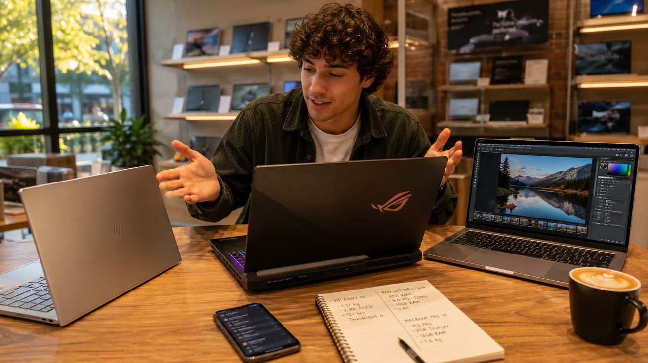 Jovem sentado em mesa de madeira com três laptops, celular, caderno e xícara de café em ambiente iluminado.