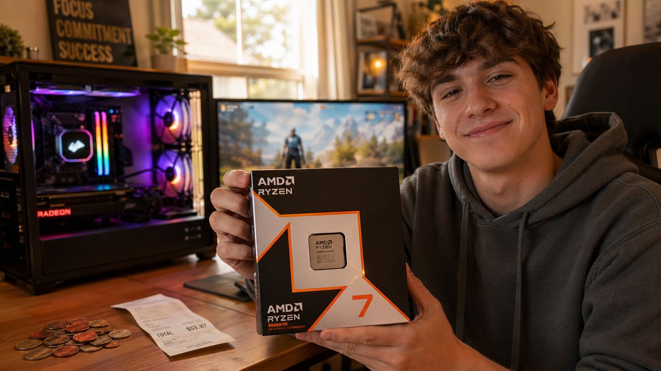 Jovem segurando caixa de processador AMD Ryzen 7 com computador gamer e recibo na mesa.