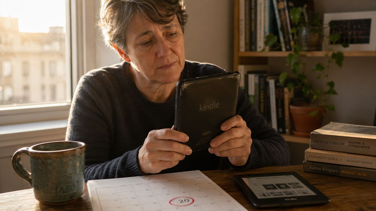 Pessoa adulta sentada à mesa, segurando um Kindle e olhando para um calendário com data marcada.