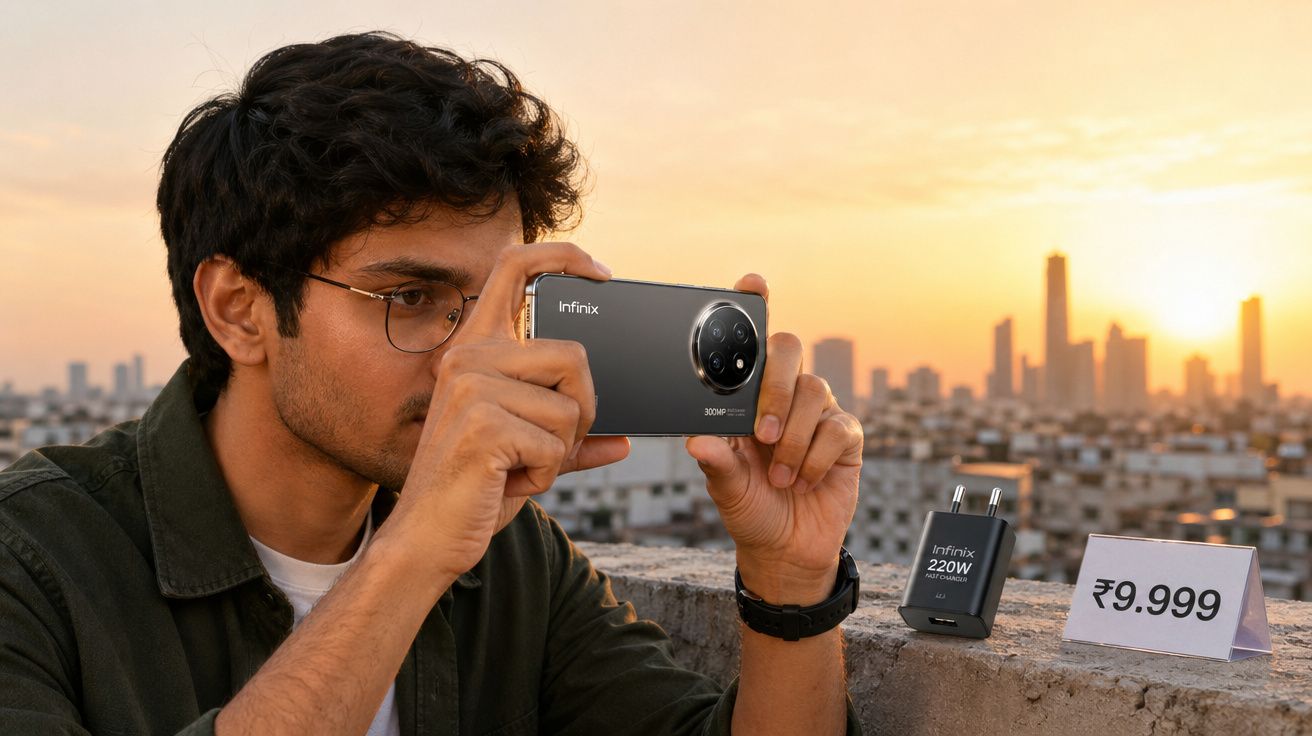 Homem tirando foto com smartphone Infinix ao pôr do sol, com carregador e preço exibidos à frente.