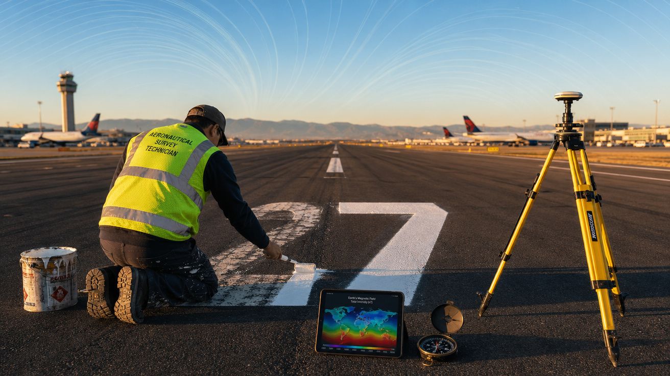 Técnico pinta número 27 na pista de aeroporto com equipamentos de medição ao redor, céu com rastros de estrelas.