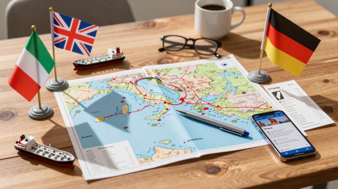 Mapa sobre mesa de madeira com bandeiras da Itália, Reino Unido e Alemanha, duas miniaturas de navio, caneta, óculos, celular