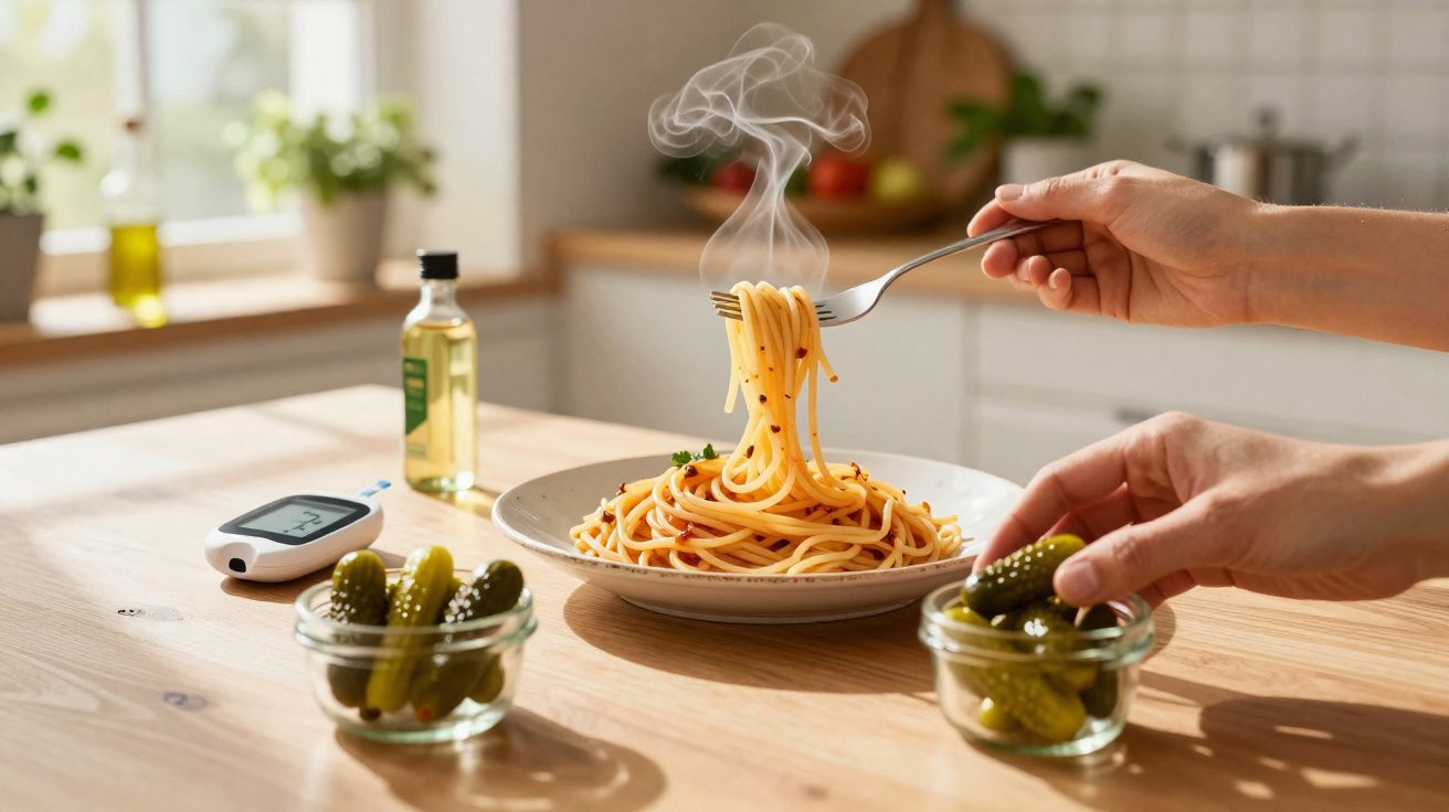 Prato de espaguete fumegante com mãos segurando garfo e pote de picles em mesa de cozinha clara.