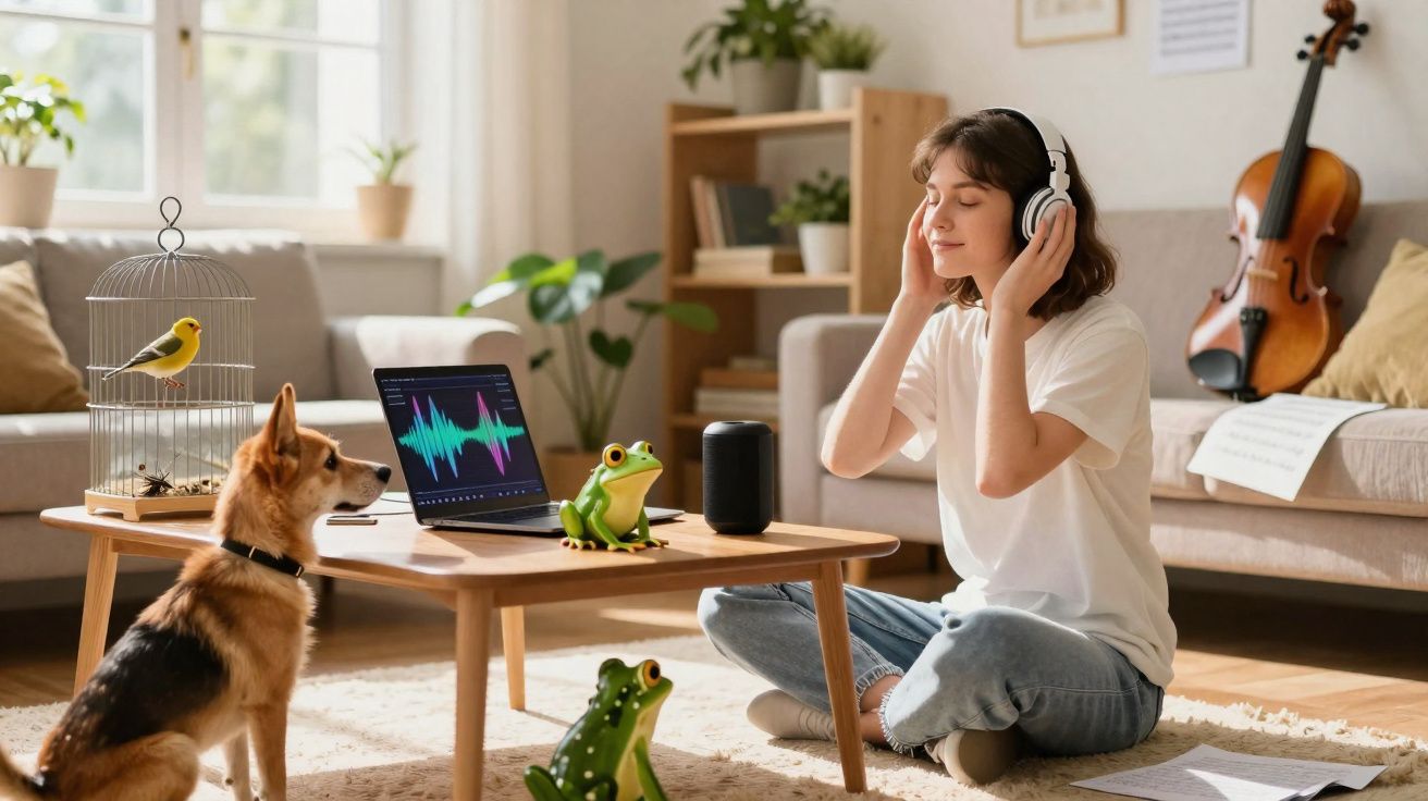 Jovem sentada ouvindo música com fones, cercada por cachorro, pássaro, sapos de brinquedo e laptop em sala iluminada.