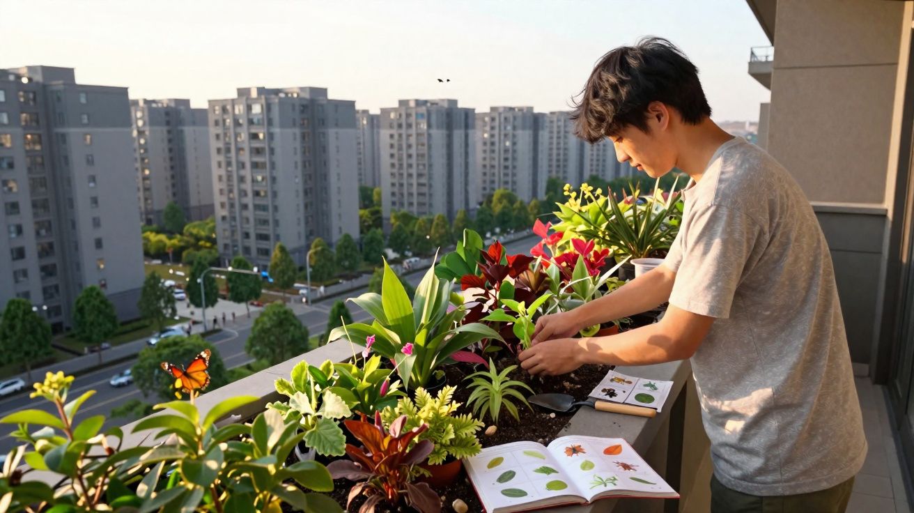 Jovem cuida de plantas em varanda com várias espécies e prédios ao fundo ao entardecer.