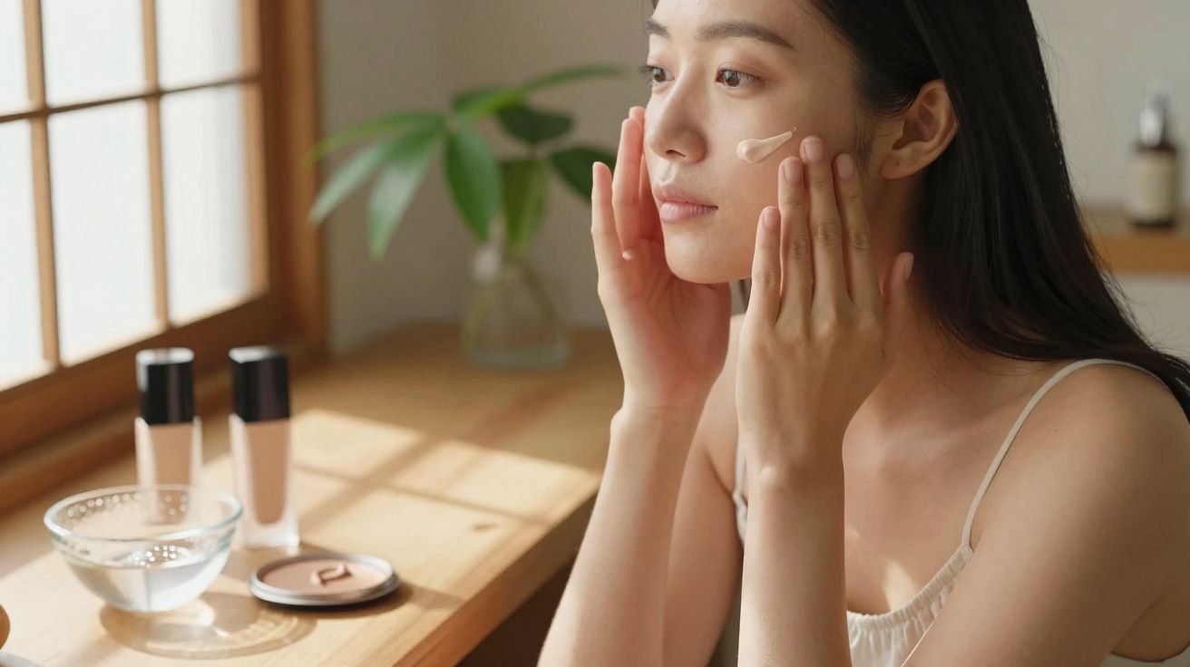 Mulher asiática aplicando creme no rosto sentada à mesa com produtos de beleza ao lado.