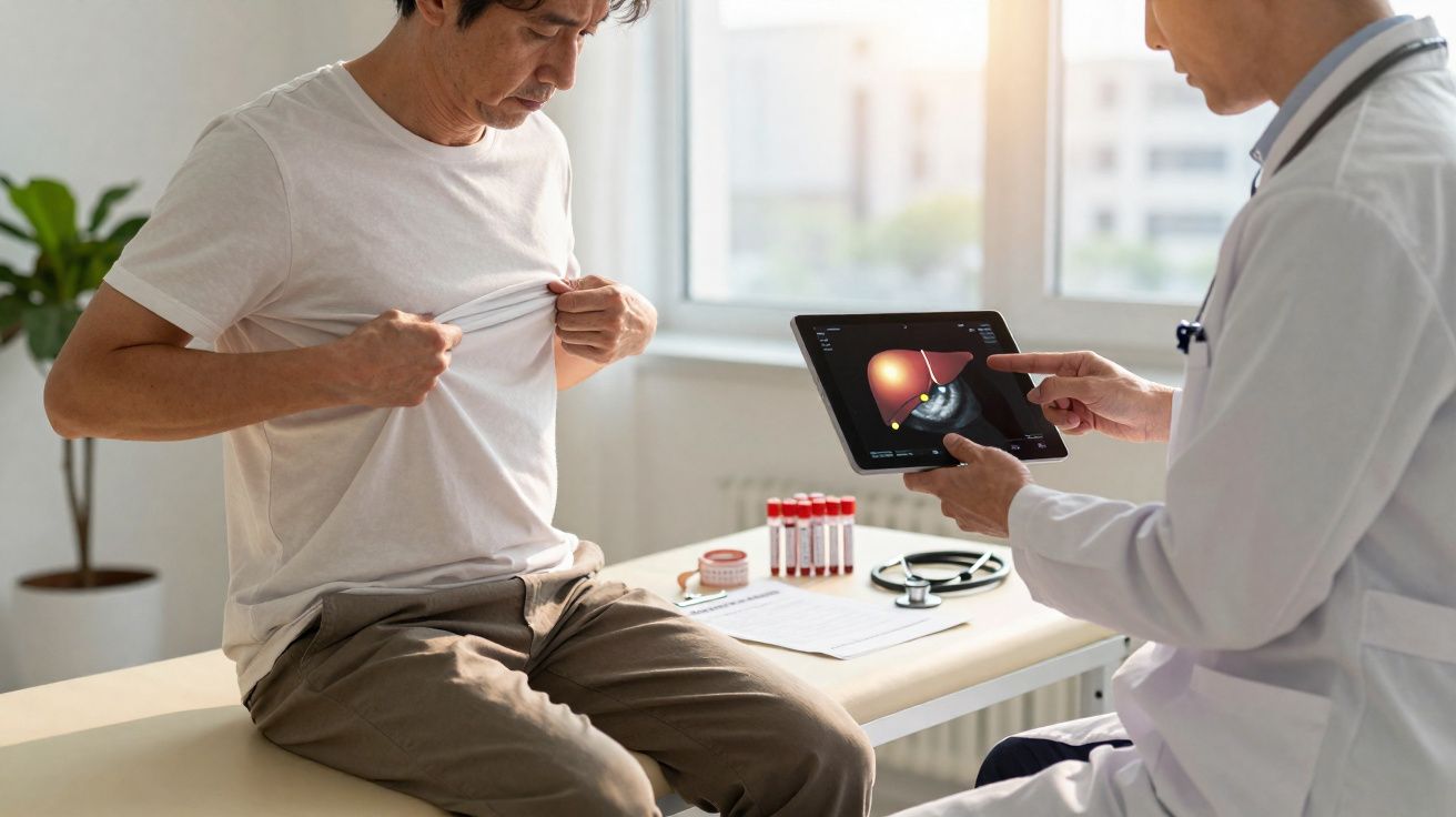 Paciente levanta a camiseta enquanto médico aponta ultrassom do fígado em tablet durante consulta.
