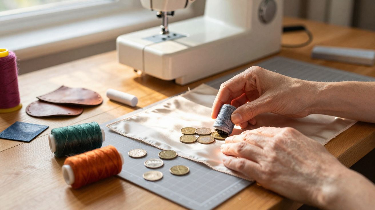 Mãos de pessoa segurando linha cinza, moedas e tecidos sobre mesa de madeira com máquina de costura ao fundo.