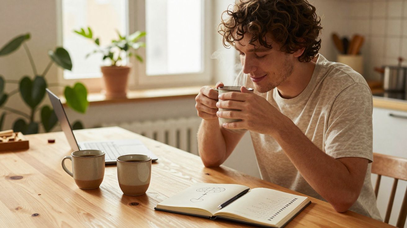 Jovem sentado à mesa com laptop, caderno aberto e segurando uma caneca, em ambiente iluminado e aconchegante.