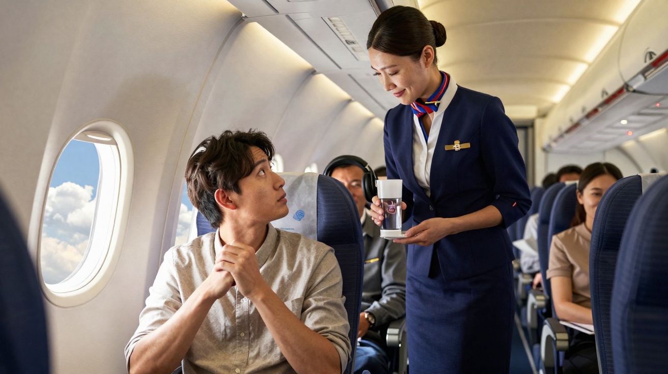 Comissária de bordo servindo bebida para passageiro sentado na poltrona de avião.