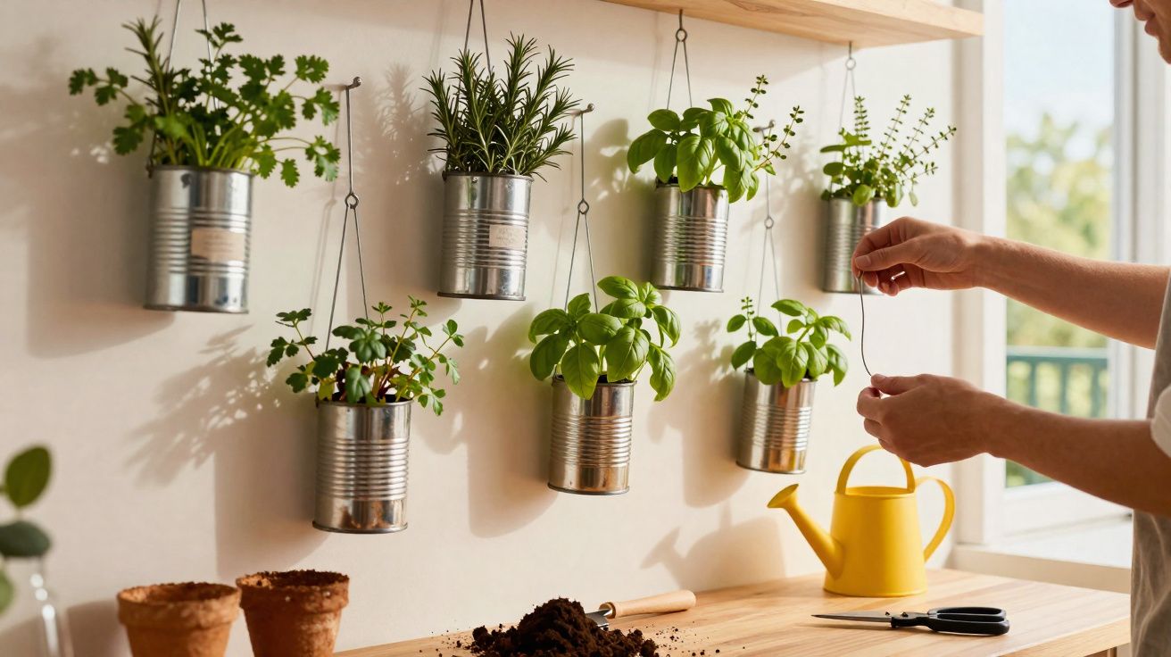 Vasinhos de plantas suspensos em parede e mãos cuidando delas em bancada de madeira iluminada.
