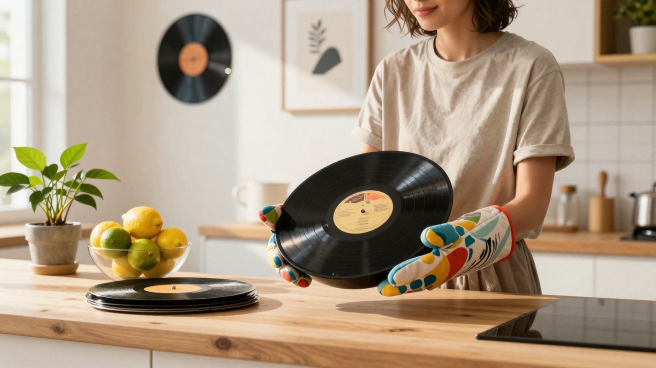 Mulher com luvas coloridas segurando disco de vinil em cozinha moderna com frutas e plantas.