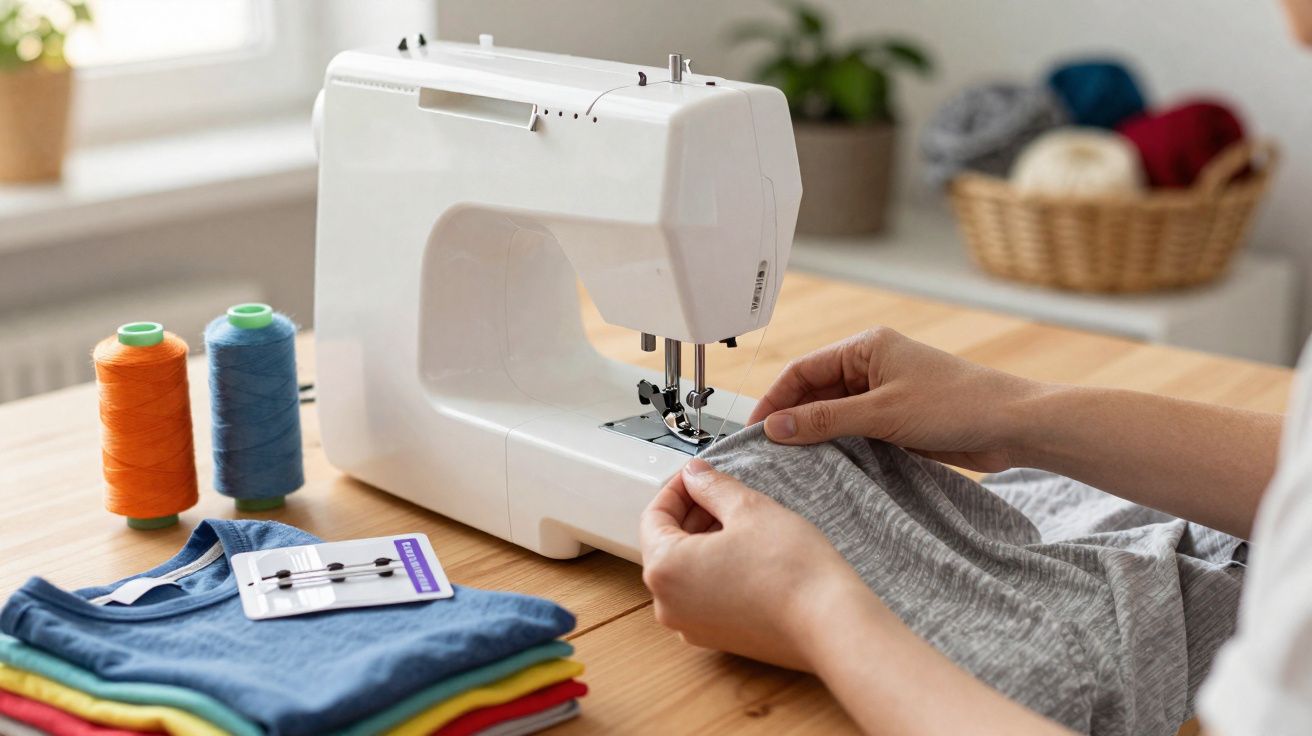Pessoa costurando tecido cinza em máquina de costura branca sobre mesa de madeira.
