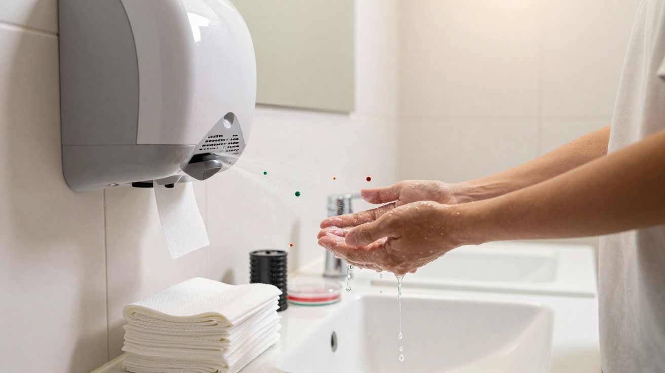 Pessoa secando as mãos com toalha automática ao lado de pia e toalhas dobradas em banheiro.