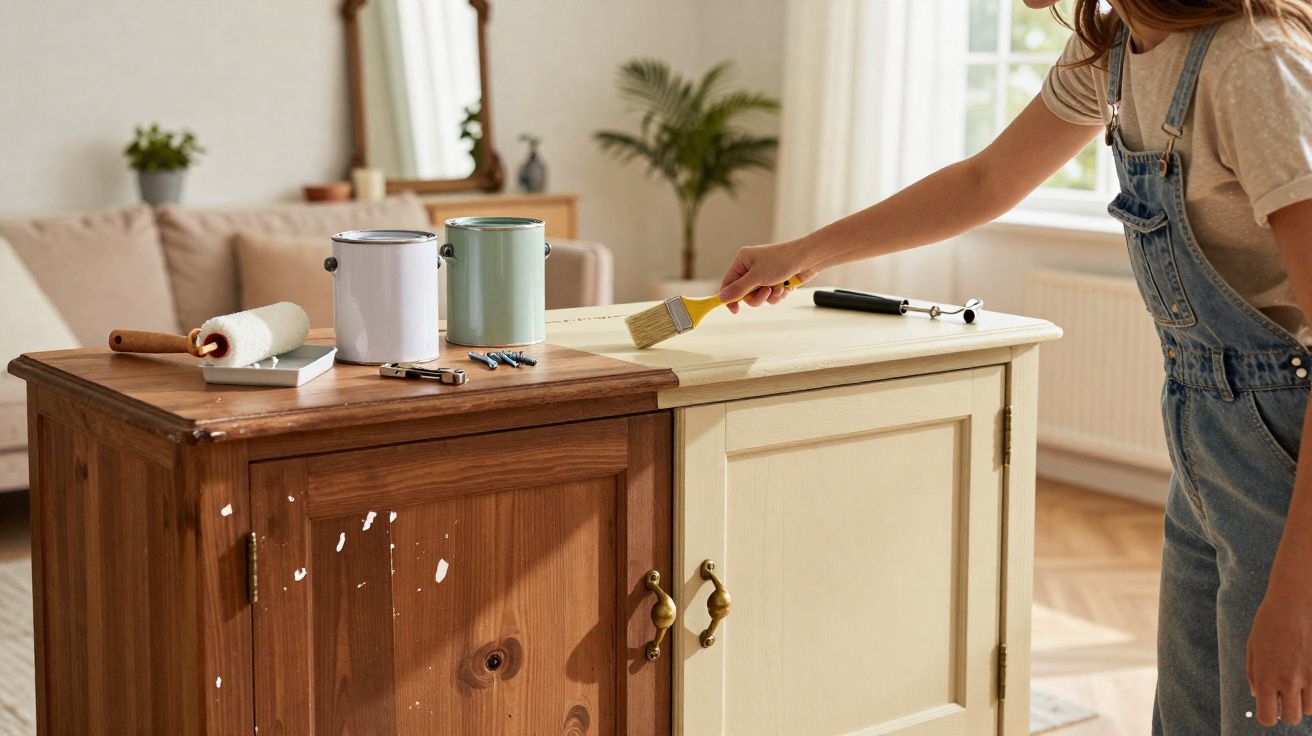 Pessoa pintando móvel de madeira de marrom para bege em sala iluminada por janela.