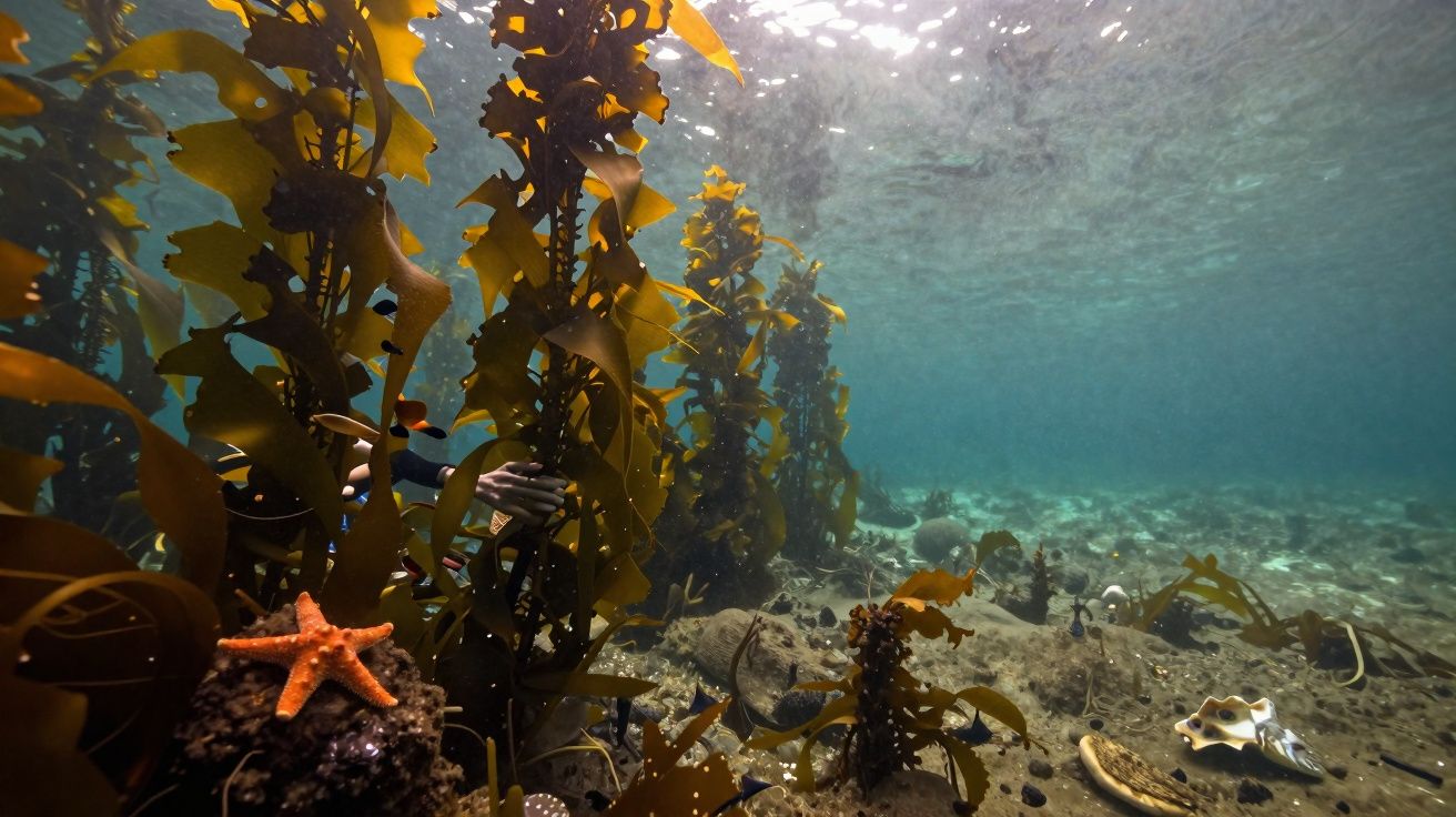 Ambiente subaquático com águas claras, algas marinhas douradas e uma estrela-do-mar laranja no fundo do mar.