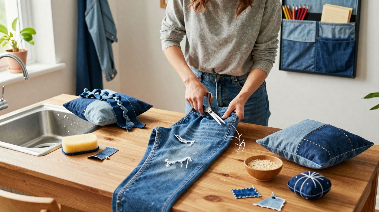 Mulher cortando jeans com tesoura em mesa de madeira, com almofadas e materiais de costura.