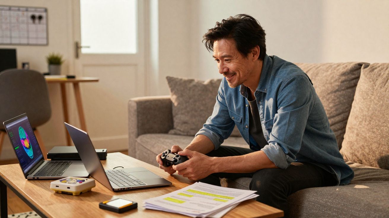 Homem sorridente sentado no sofá jogando videogame com controle nas mãos e laptop à frente.