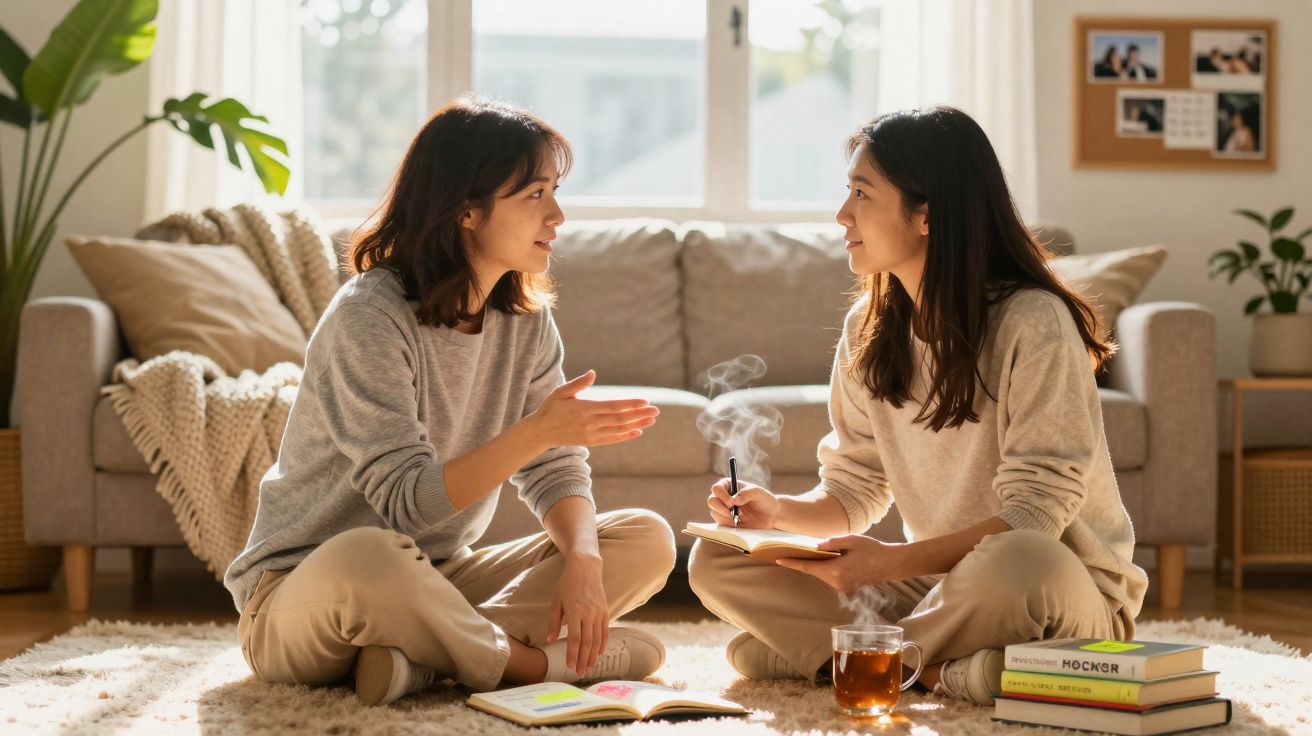 Duas mulheres sentadas no chão de tapete conversando, com livros e chá ao redor em sala iluminada.