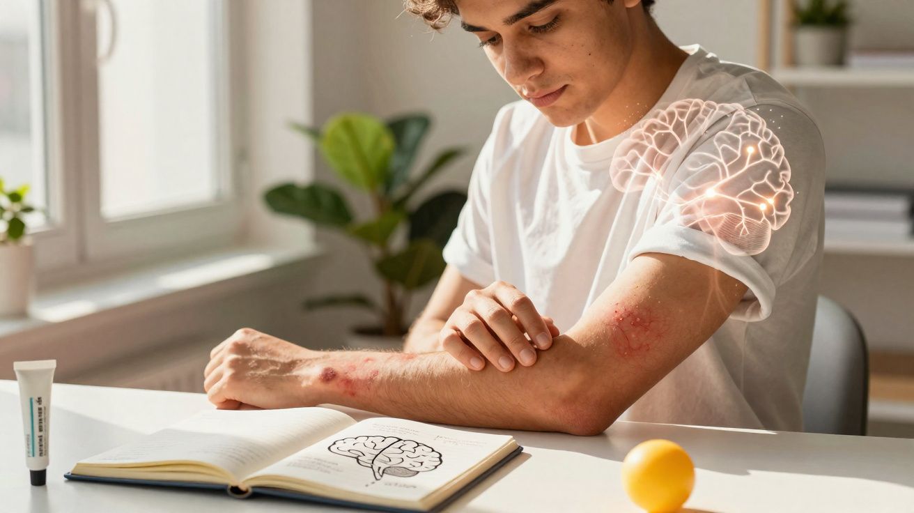 Jovem coçando braços com feridas enquanto estuda cérebro em livro ilustrado numa mesa clara.