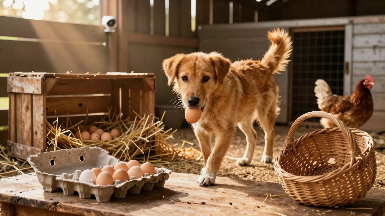 Cachorro dourado segurando ovo na boca em celeiro com galinha, ovos e cesto de palha.