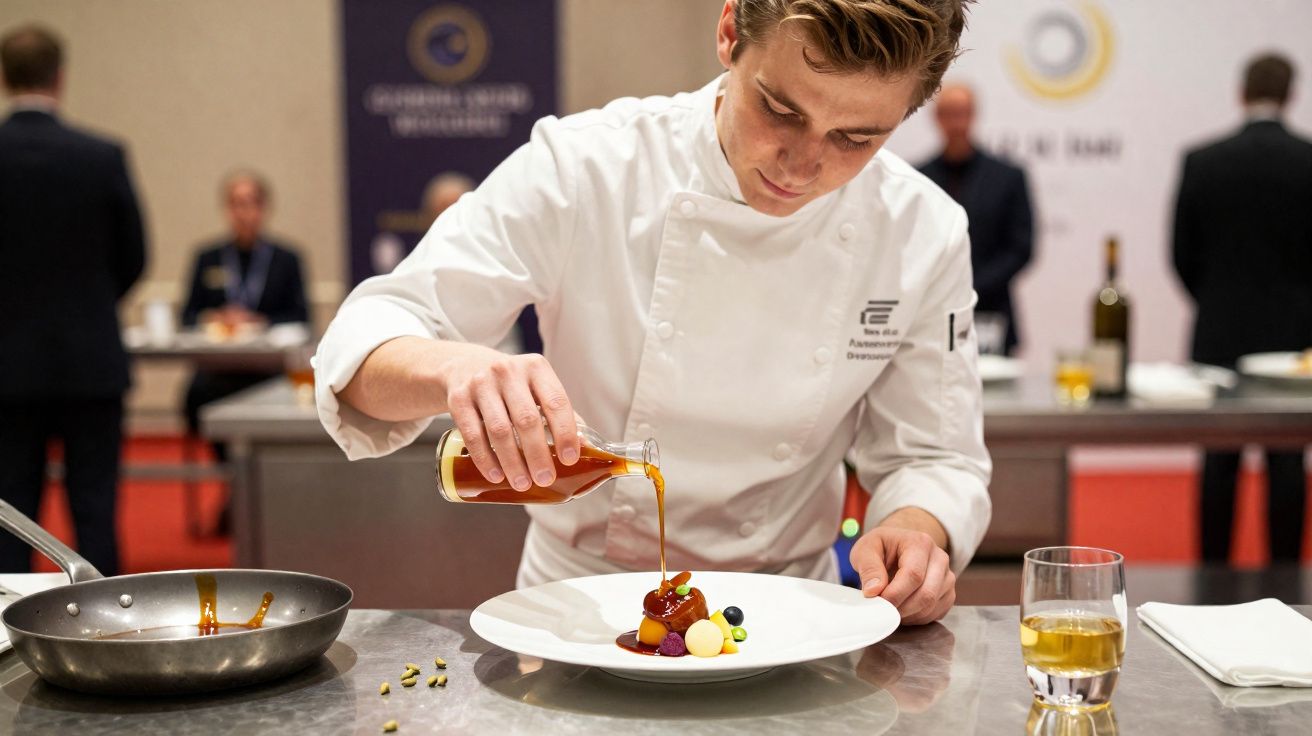 Chef jovem veste uniforme branco e serve molho em prato gourmet em bancada de cozinha profissional.