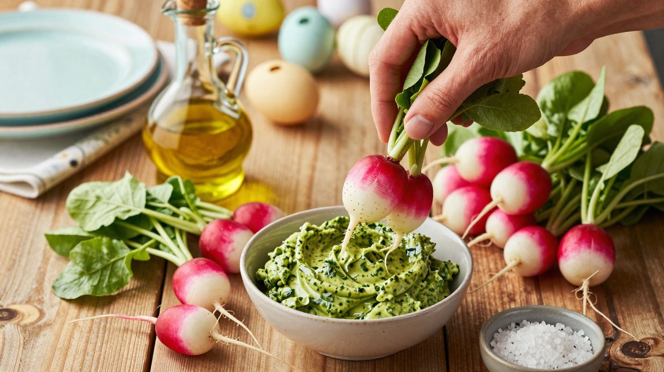 Pessoa mergulhando rabanete fresco em pasta verde cremosa com ervas sobre mesa de madeira rustica.