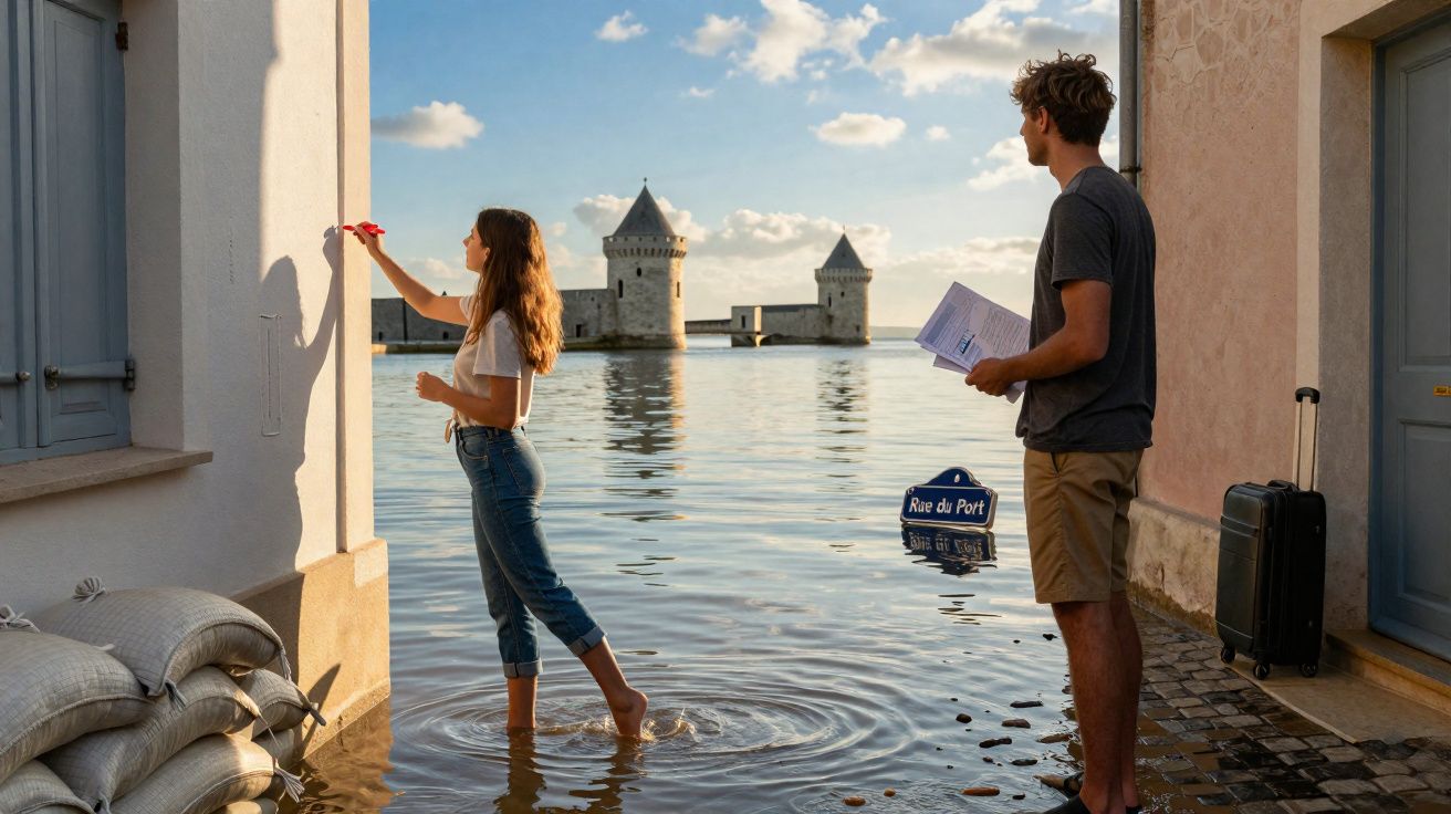 Mulher pinta parede em rua alagada enquanto homem observa com mala e mapa, castelo ao fundo.