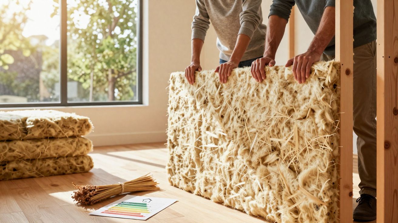 Duas pessoas instalando isolamento natural de fibras em uma casa com piso de madeira e janela ampla.
