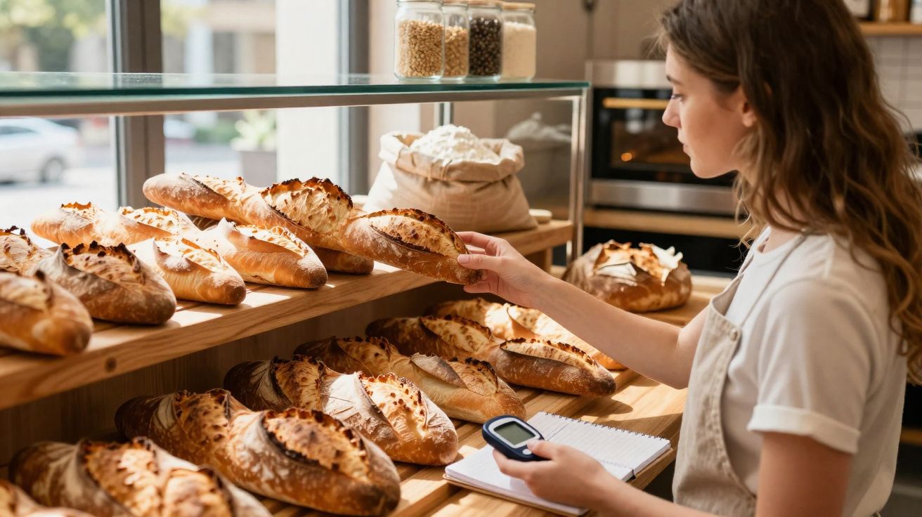 Mulher em padaria segurando pão francês em prateleira enquanto faz anotação em caderno.