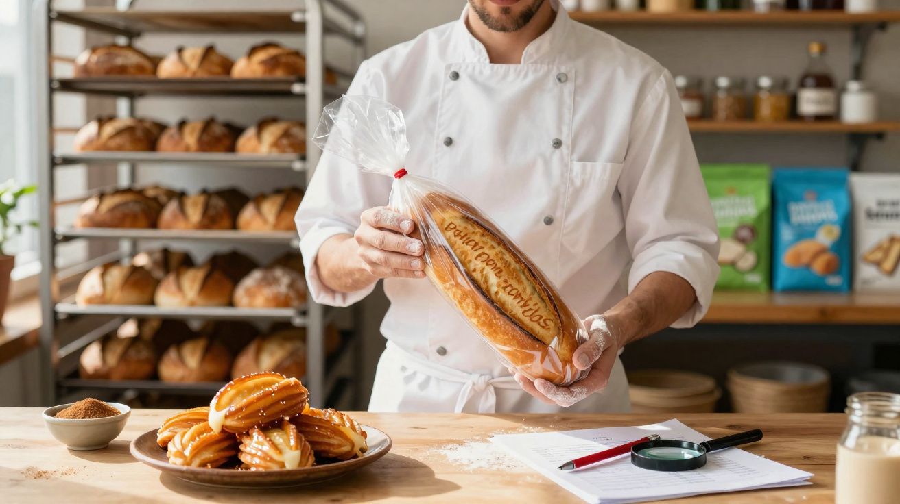 Padeiro segurando pão embalado com nome da padaria, na bancada com doces e prateleira ao fundo.
