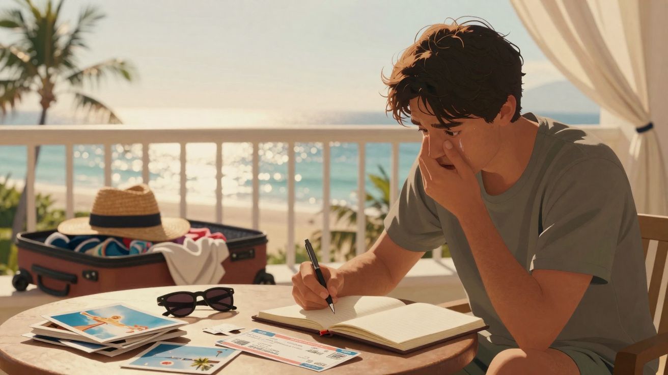 Jovem pensativo escreve em caderno sentado em mesa com fotos e passagem, com vista para praia ao fundo.