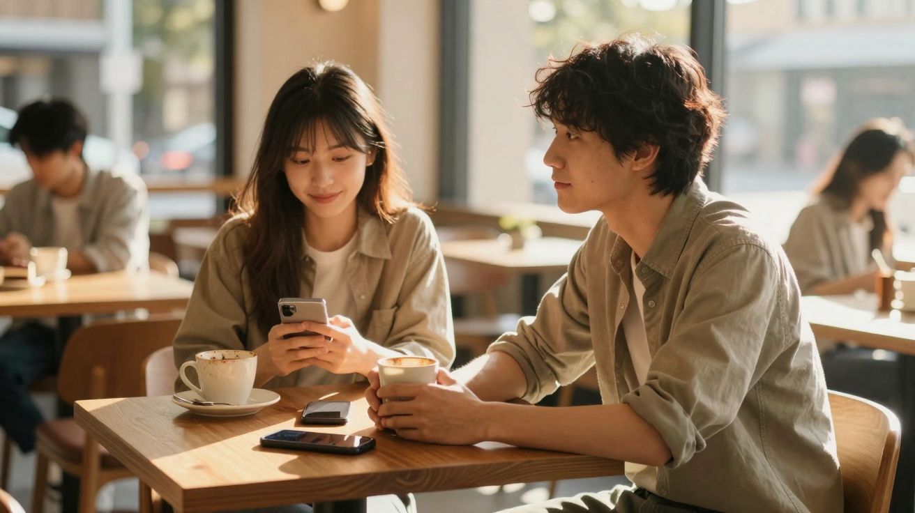 Casal jovem sentado à mesa de café, ela mexe no celular e ele segura uma xícara olhando para ela.