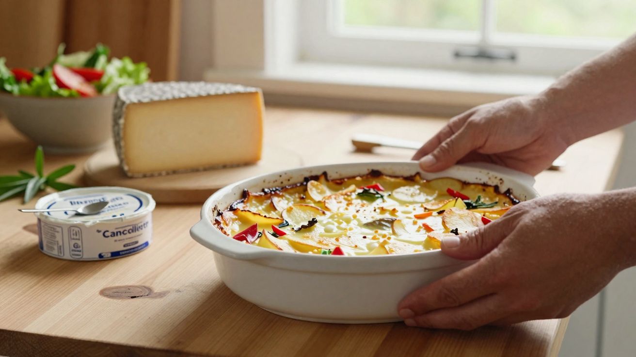 Mãos segurando travessa branca com prato assado de batatas, queijo e ervas sobre mesa de madeira.