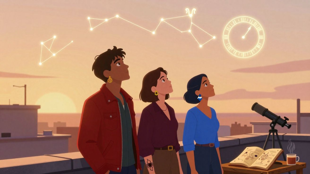 Três pessoas observam constelações ao entardecer no terraço com telescópio, livro aberto e xícara de chá.