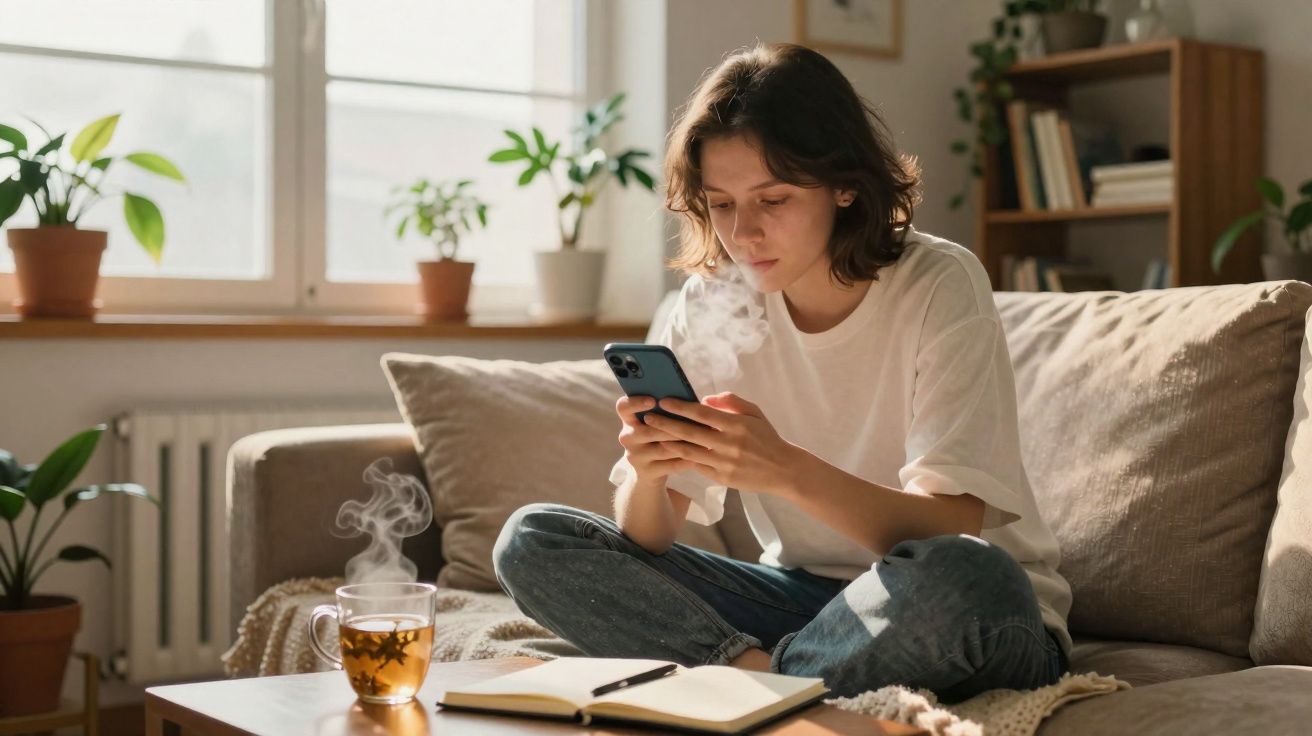 Jovem sentada no sofá olhando o celular, com chá quente e caderno na mesa de centro.