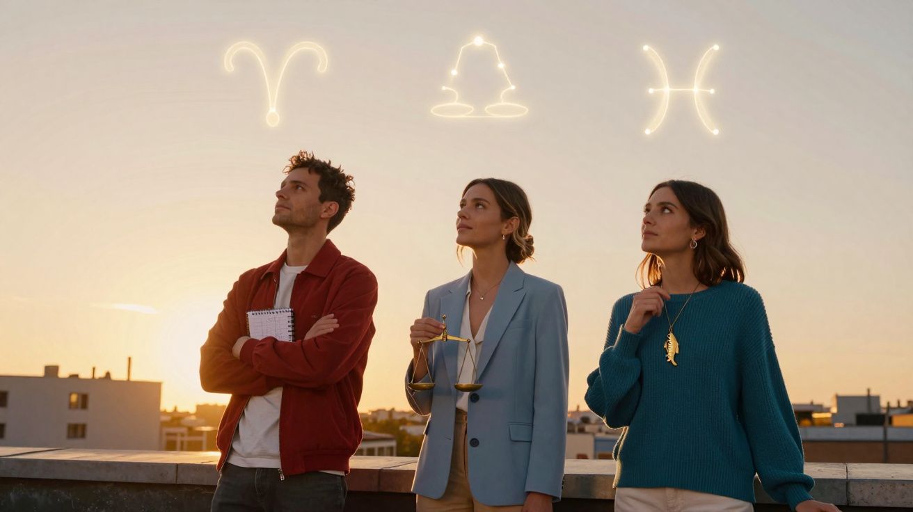 Três pessoas olhando para cima ao pôr do sol com signos de Áries, Libra e Peixes iluminados acima delas.